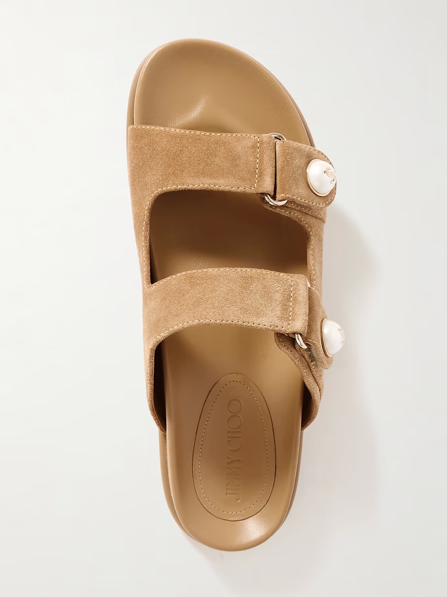 Fayence faux pearl-embellished suede slides Fayence faux pearl-embellished suede slides