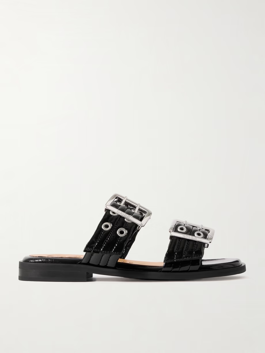 Buckled eyelet-embellished recycled faux patent-leather sandals Buckled eyelet-embellished recycled faux patent-leather sandals
