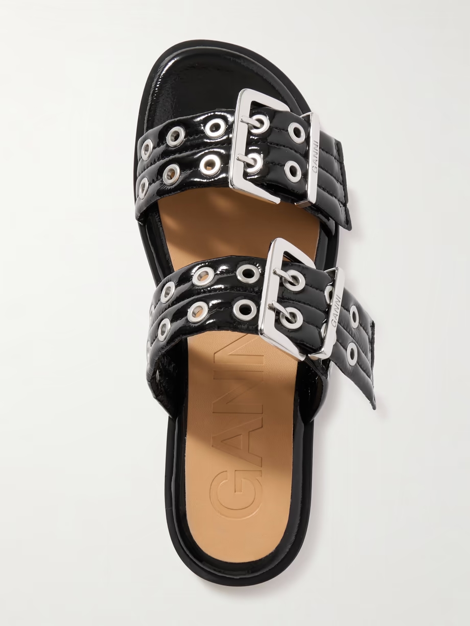 Buckled eyelet-embellished recycled faux patent-leather sandals Buckled eyelet-embellished recycled faux patent-leather sandals