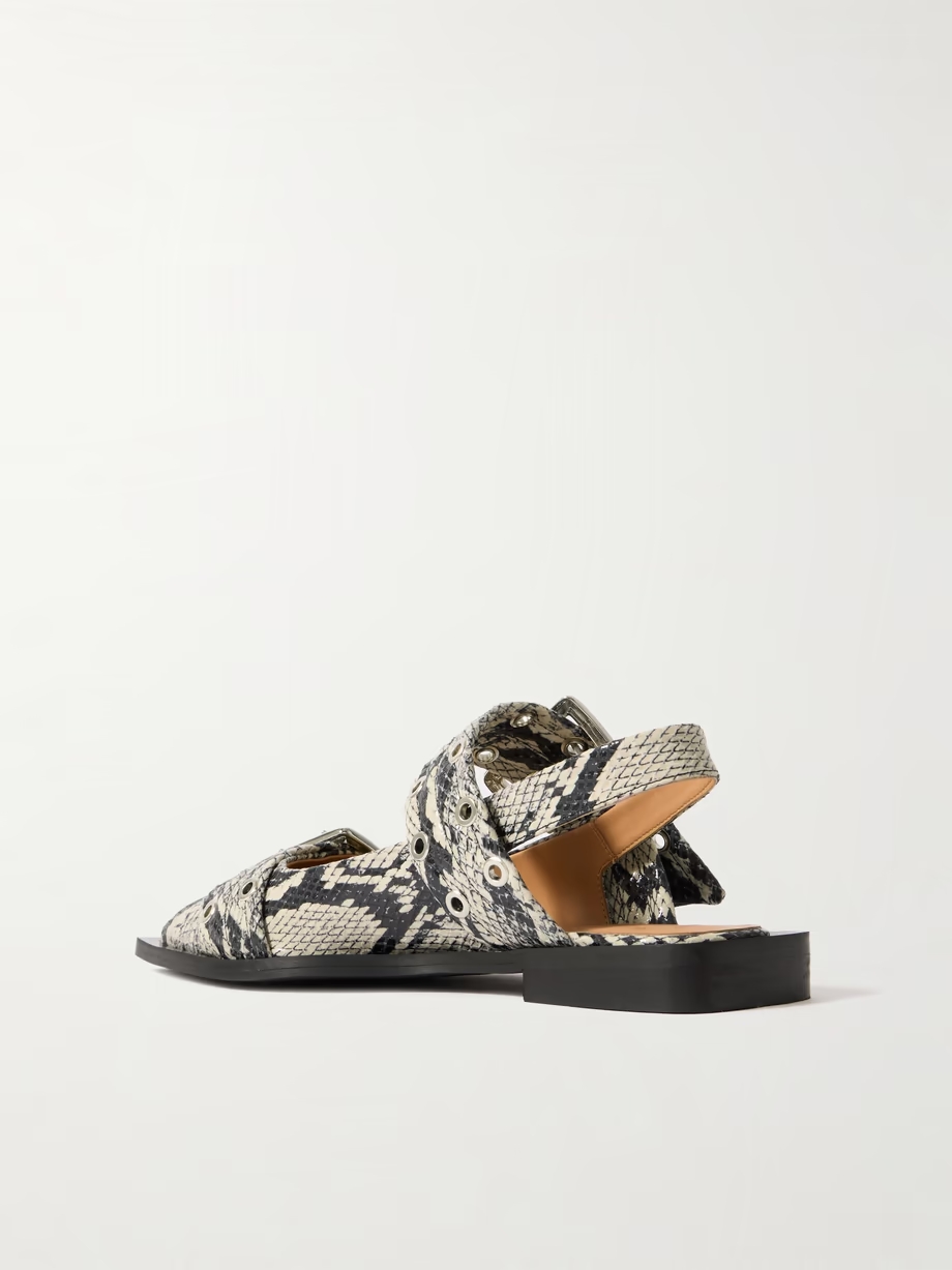 Buckled eyelet-embellished snake-effect recycled faux patent-leather ballet flats Buckled eyelet-embellished snake-effect recycled faux patent-leather ballet flats
