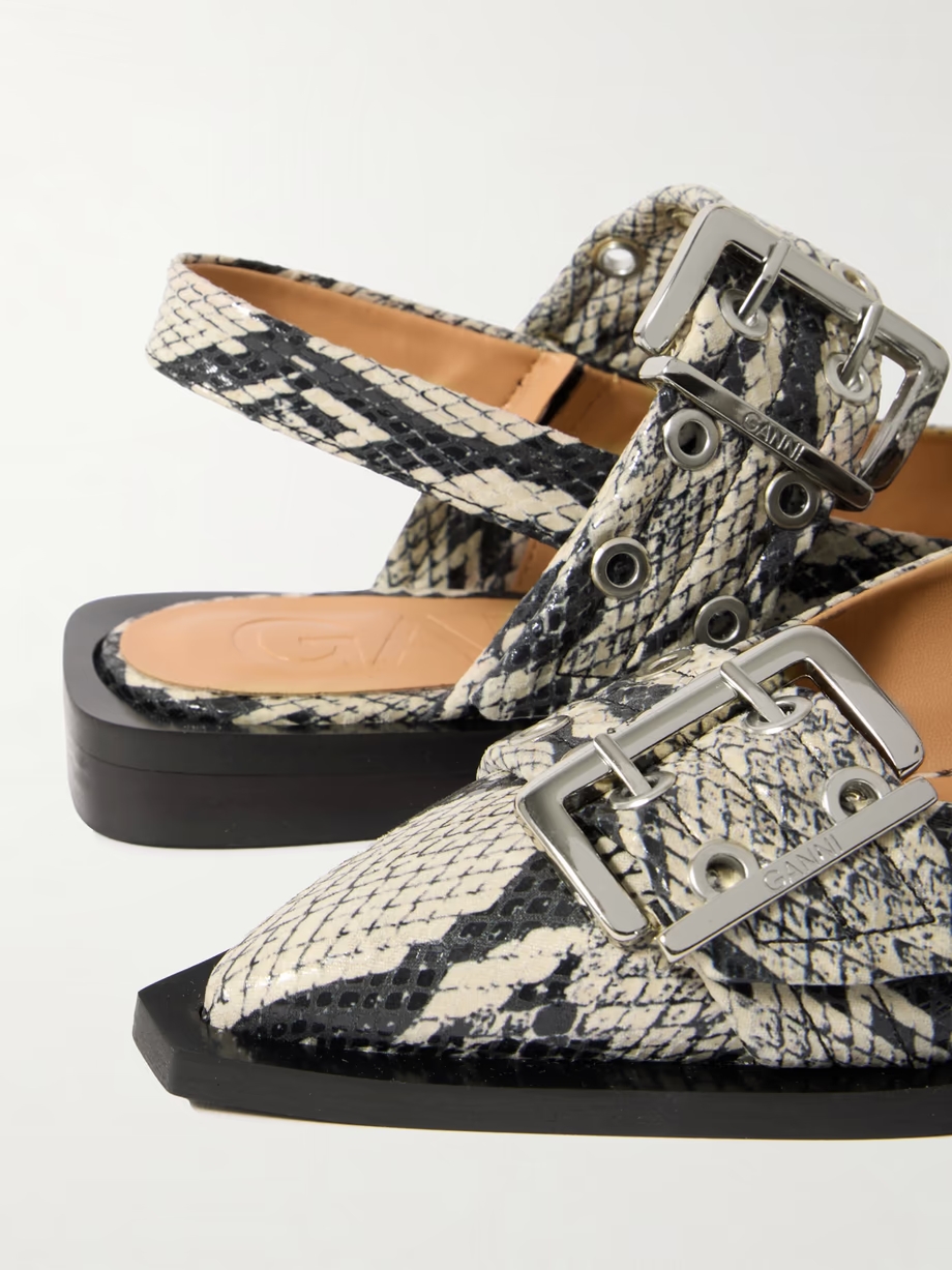 Buckled eyelet-embellished snake-effect recycled faux patent-leather ballet flats Buckled eyelet-embellished snake-effect recycled faux patent-leather ballet flats