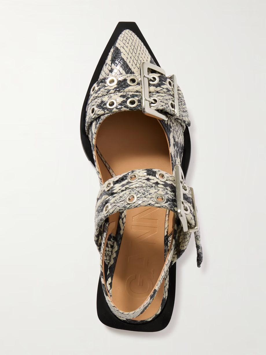 Buckled eyelet-embellished snake-effect recycled faux patent-leather ballet flats Buckled eyelet-embellished snake-effect recycled faux patent-leather ballet flats