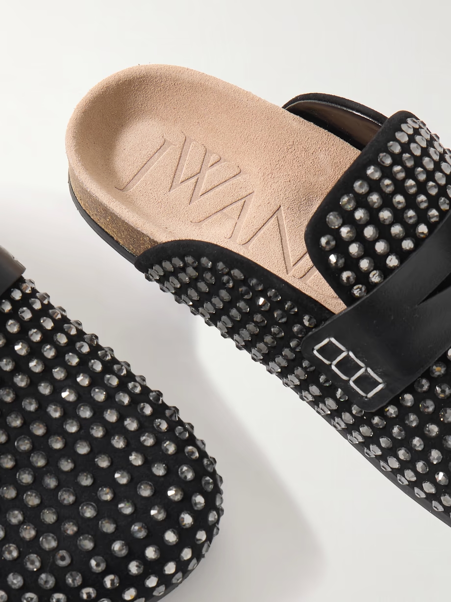 Leather-trimmed crystal-embellished suede mules Leather-trimmed crystal-embellished suede mules