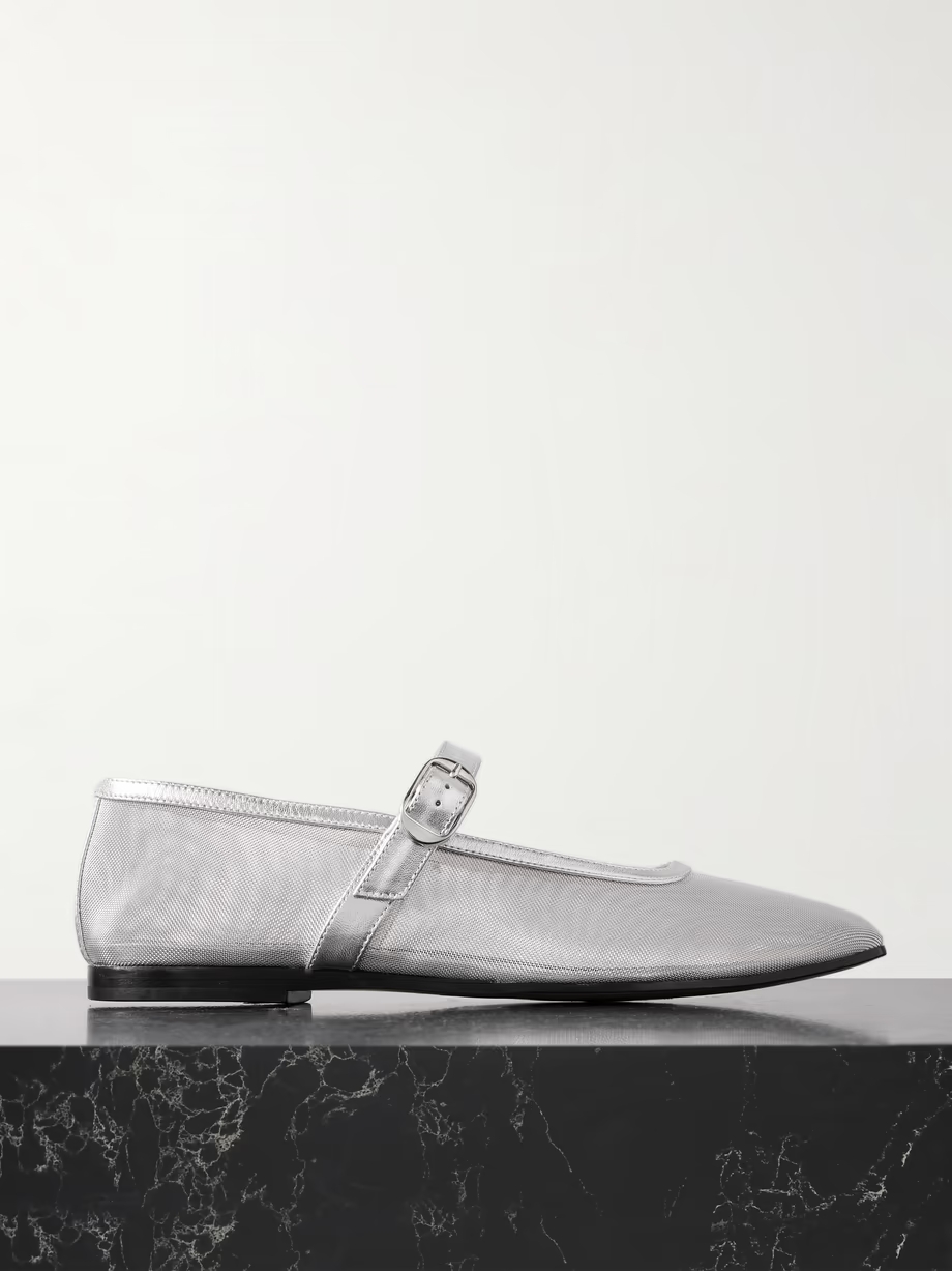 Metallic leather-trimmed mesh Mary Jane ballet flats Metallic leather-trimmed mesh Mary Jane ballet flats