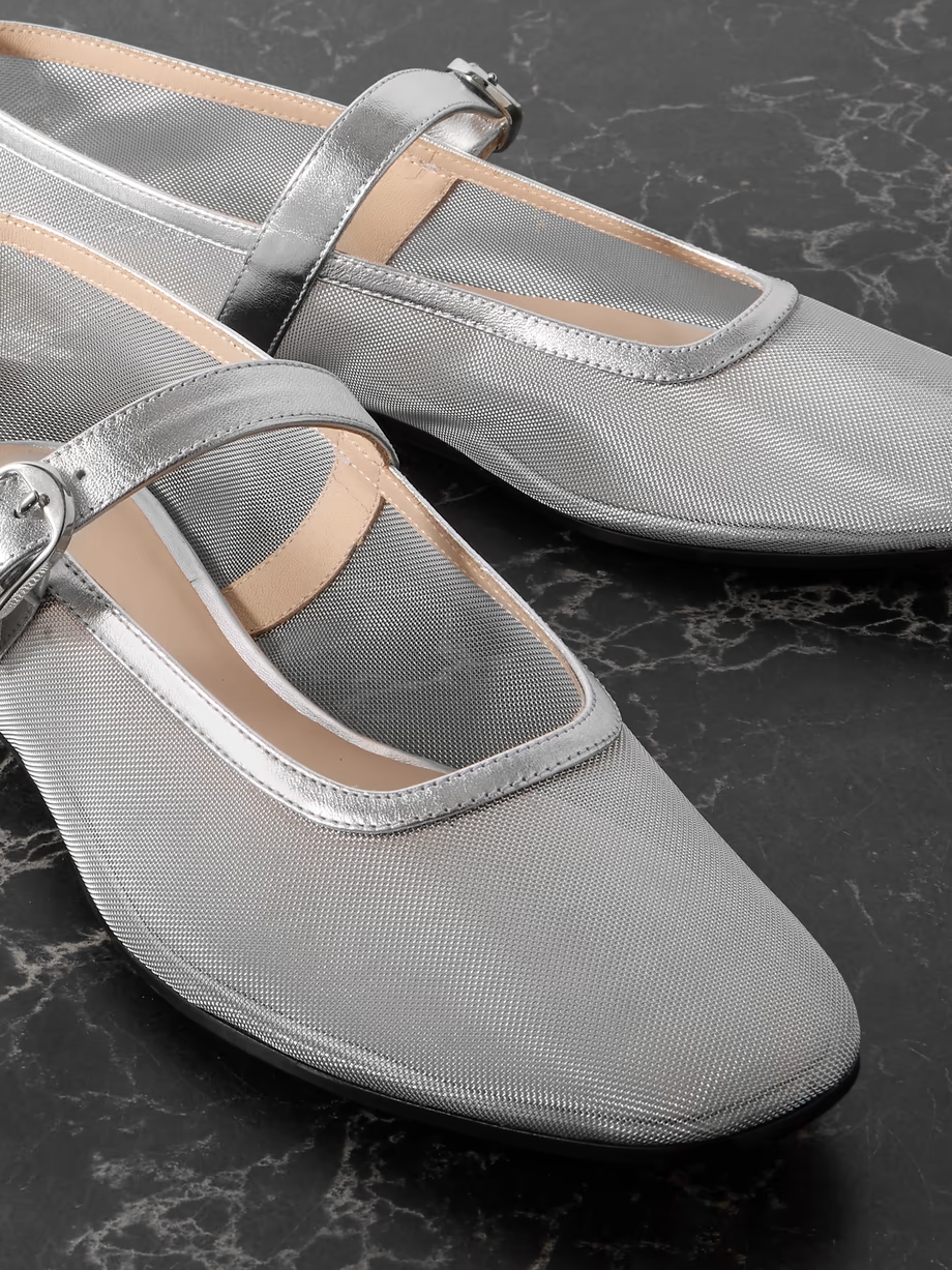 Metallic leather-trimmed mesh Mary Jane ballet flats Metallic leather-trimmed mesh Mary Jane ballet flats