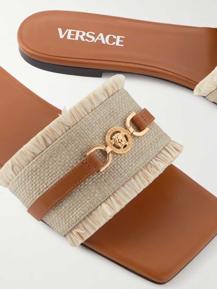 Embellished leather-trimmed raffia mules Embellished leather-trimmed raffia mules