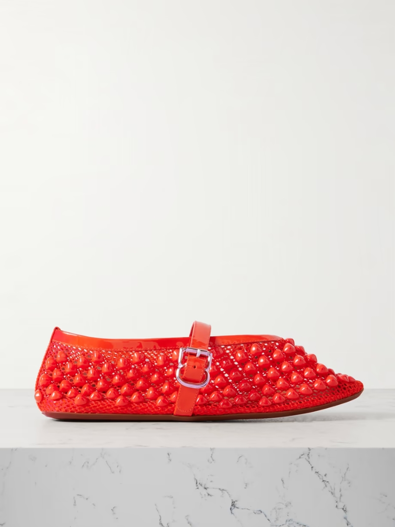 Patent leather-trimmed studded mesh ballet flats Patent leather-trimmed studded mesh ballet flats