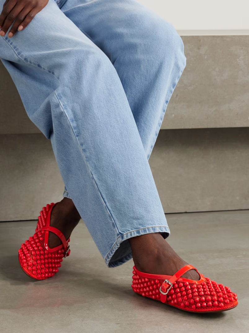 Patent leather-trimmed studded mesh ballet flats Patent leather-trimmed studded mesh ballet flats