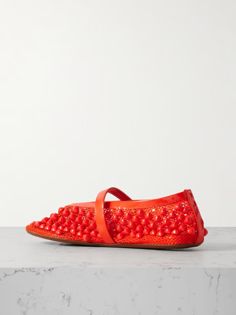 Patent leather-trimmed studded mesh ballet flats Patent leather-trimmed studded mesh ballet flats