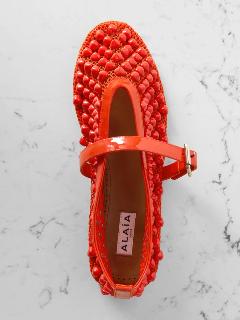 Patent leather-trimmed studded mesh ballet flats Patent leather-trimmed studded mesh ballet flats