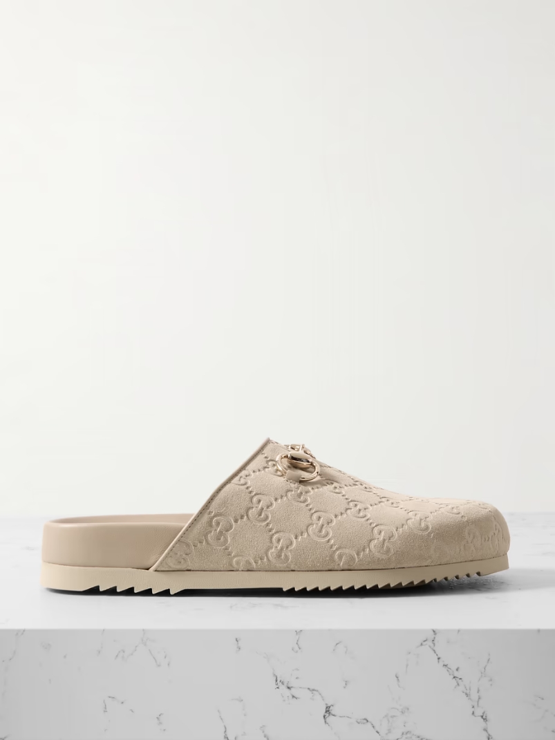 Sol horsebit-detailed debossed leather-trimmed suede slippers Sol horsebit-detailed debossed leather-trimmed suede slippers