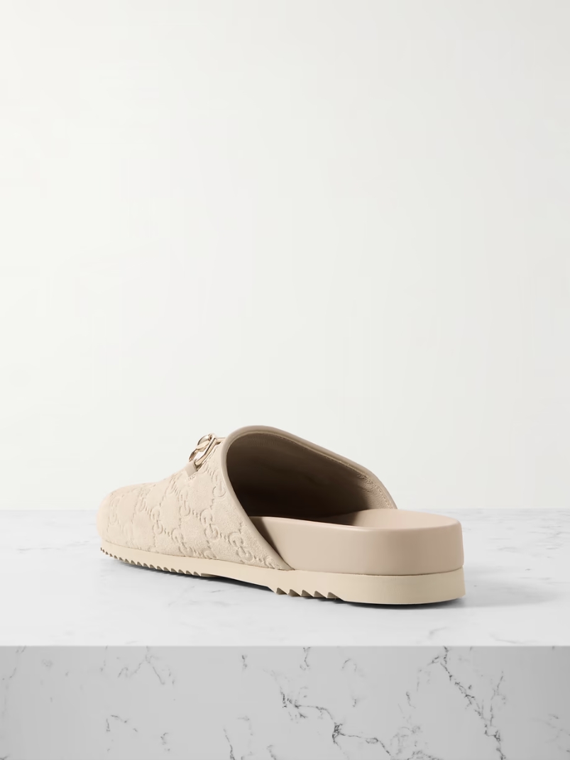 Sol horsebit-detailed debossed leather-trimmed suede slippers Sol horsebit-detailed debossed leather-trimmed suede slippers