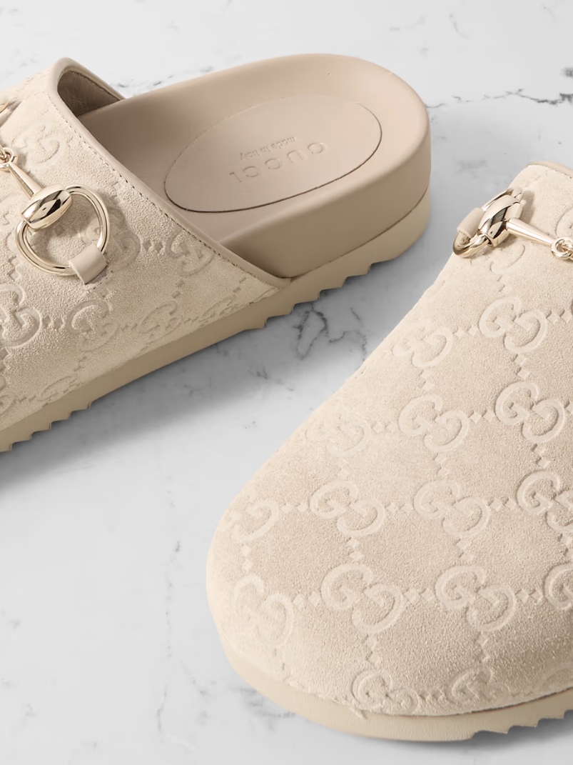 Sol horsebit-detailed debossed leather-trimmed suede slippers Sol horsebit-detailed debossed leather-trimmed suede slippers