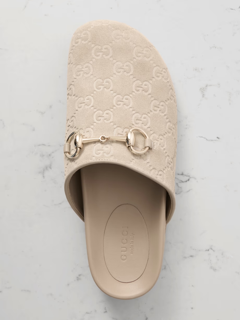 Sol horsebit-detailed debossed leather-trimmed suede slippers Sol horsebit-detailed debossed leather-trimmed suede slippers
