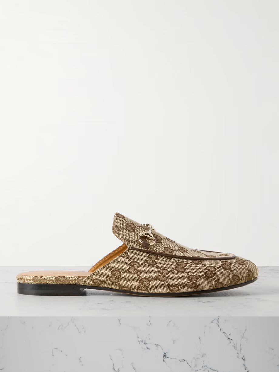 Princetown horsebit-detailed leather-trimmed canvas-jacquard slippers Princetown horsebit-detailed leather-trimmed canvas-jacquard slippers