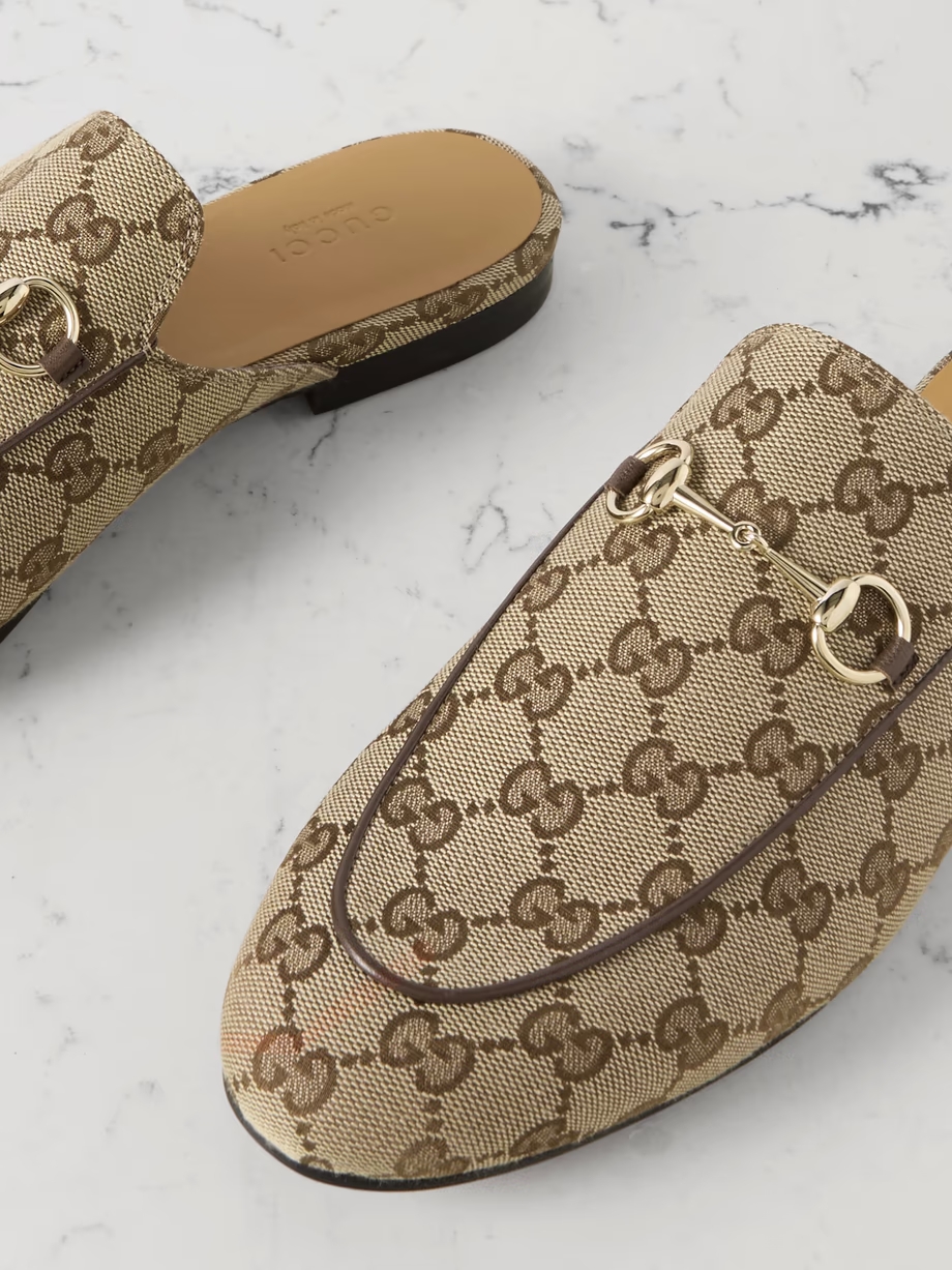 Princetown horsebit-detailed leather-trimmed canvas-jacquard slippers Princetown horsebit-detailed leather-trimmed canvas-jacquard slippers