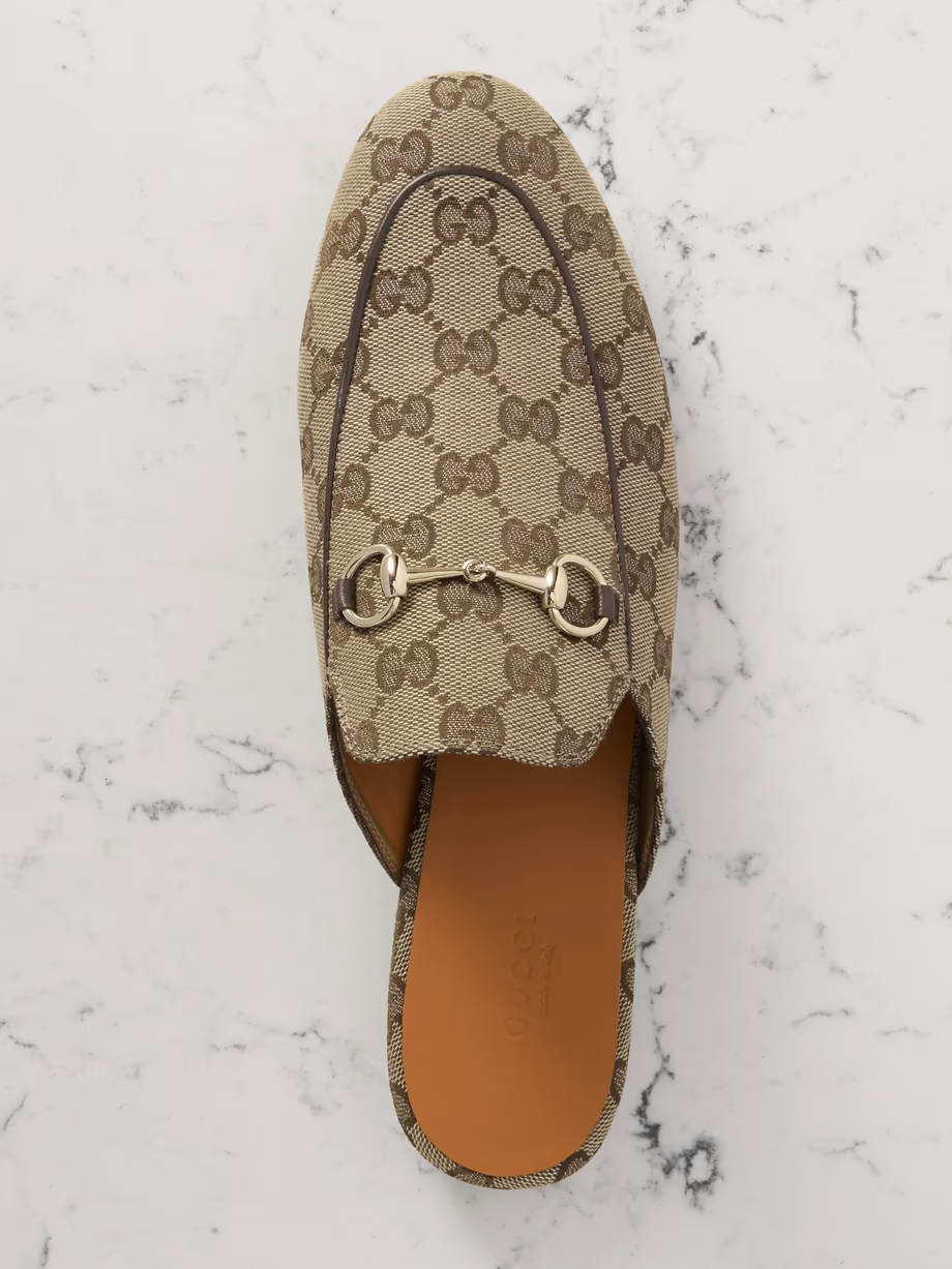 Princetown horsebit-detailed leather-trimmed canvas-jacquard slippers Princetown horsebit-detailed leather-trimmed canvas-jacquard slippers