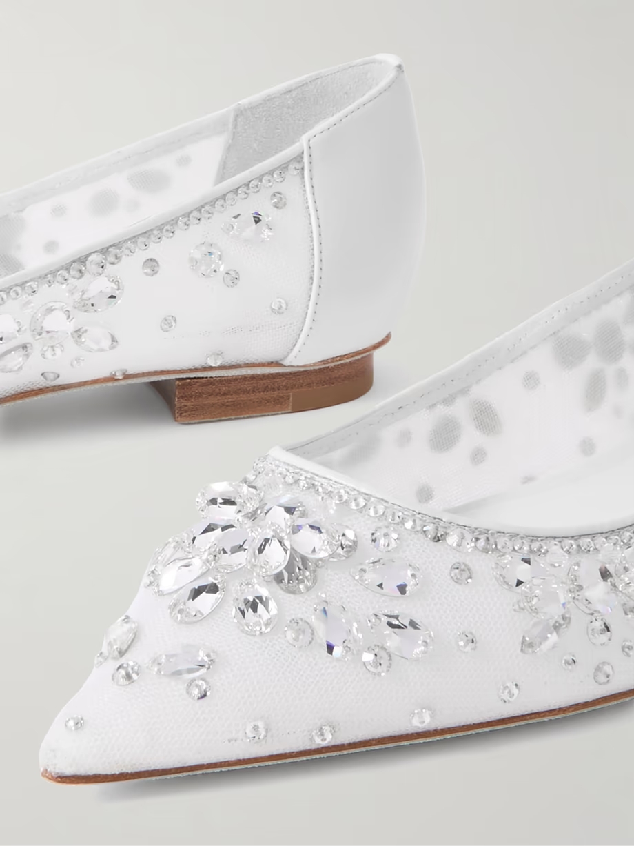 Leather-trimmed crystal-embellished tulle point-toe flats Leather-trimmed crystal-embellished tulle point-toe flats