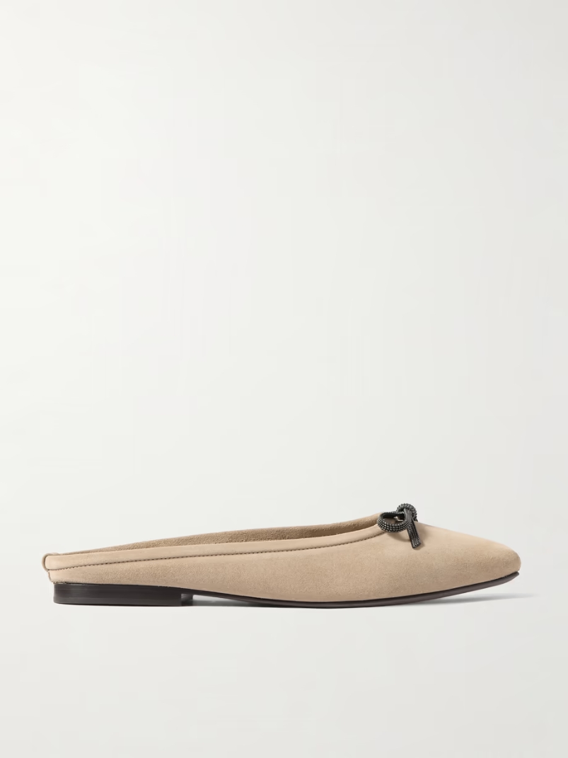 Bow-embellished suede slippers Bow-embellished suede slippers