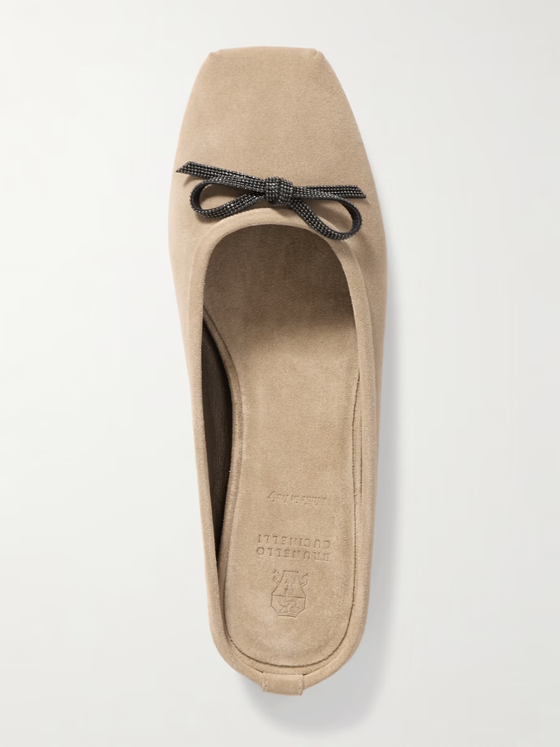 Bow-embellished suede slippers Bow-embellished suede slippers