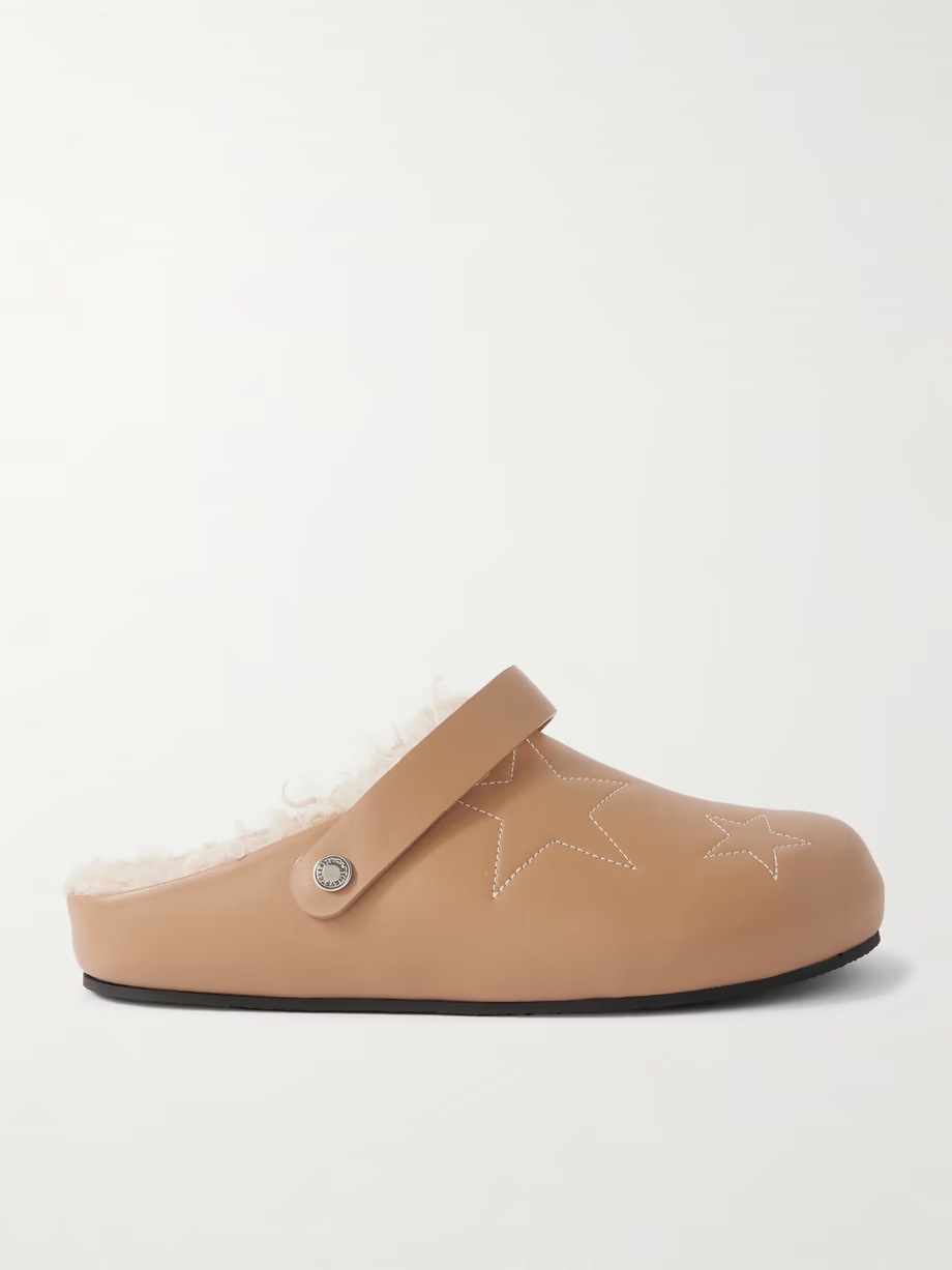 Elyse embroidered faux shearling-lined vegetarian leather mules Elyse embroidered faux shearling-lined vegetarian leather mules