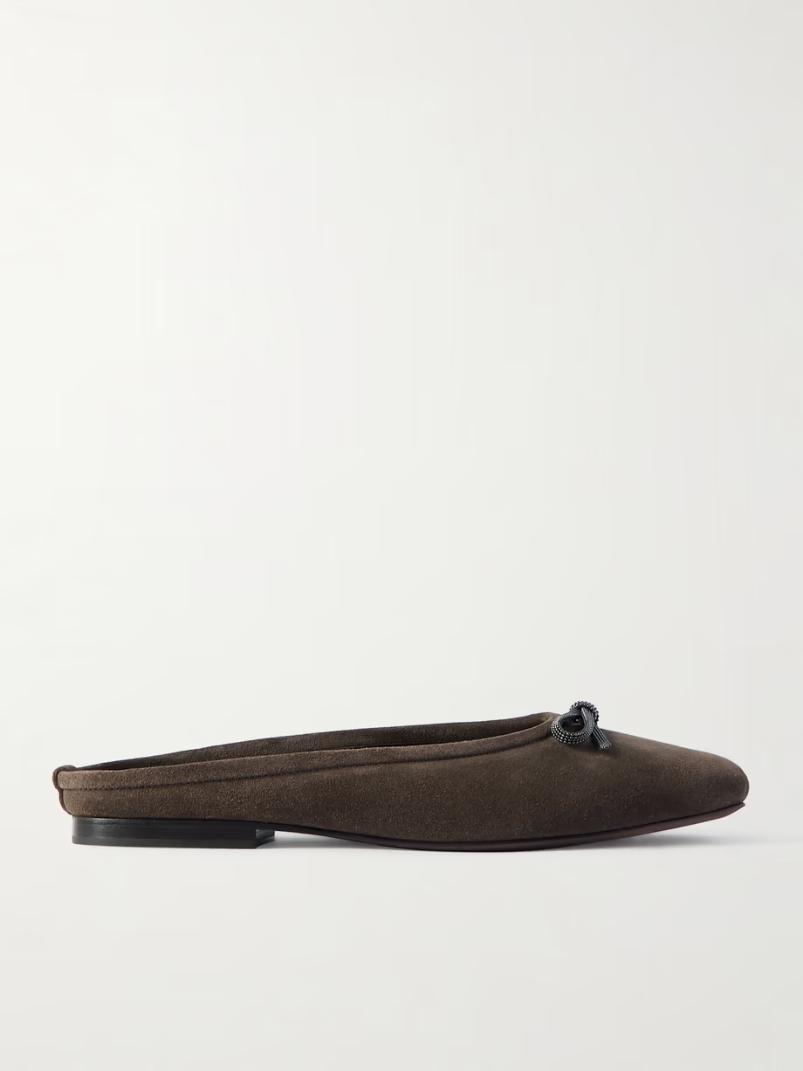 Bow-embellished suede slippers Bow-embellished suede slippers