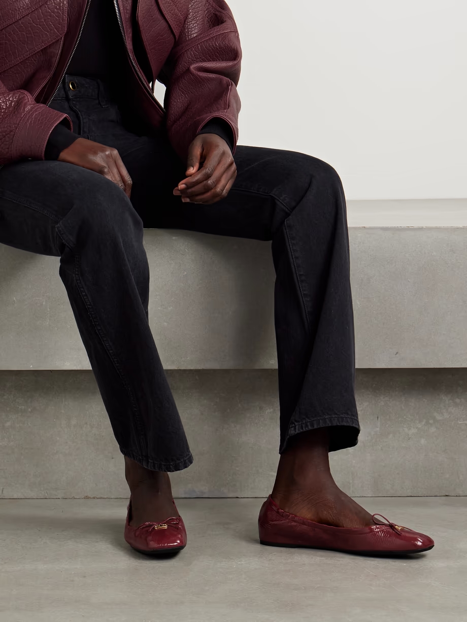 VLOGO bow-embellished crinkled patent-leather ballet flats VLOGO bow-embellished crinkled patent-leather ballet flats