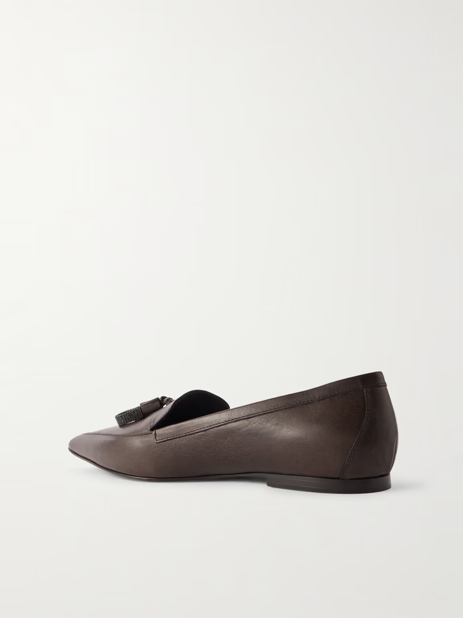 Bead-embellished tassled leather loafers Bead-embellished tassled leather loafers