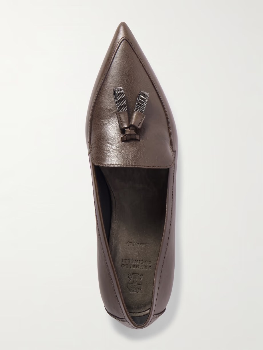 Bead-embellished tassled leather loafers Bead-embellished tassled leather loafers