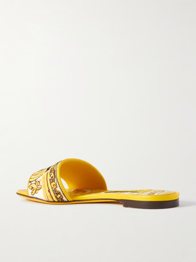 Maiolica Bianca embroidered leather-trimmed canvas slides Maiolica Bianca embroidered leather-trimmed canvas slides