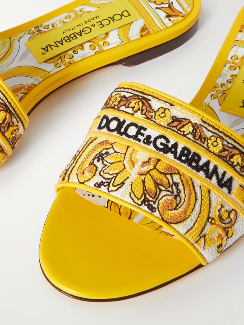 Maiolica Bianca embroidered leather-trimmed canvas slides Maiolica Bianca embroidered leather-trimmed canvas slides