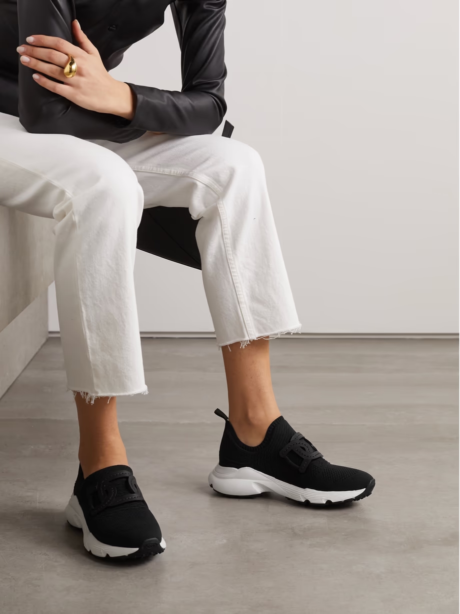 Leather-trimmed stretch-knit slip-on sneakers Leather-trimmed stretch-knit slip-on sneakers