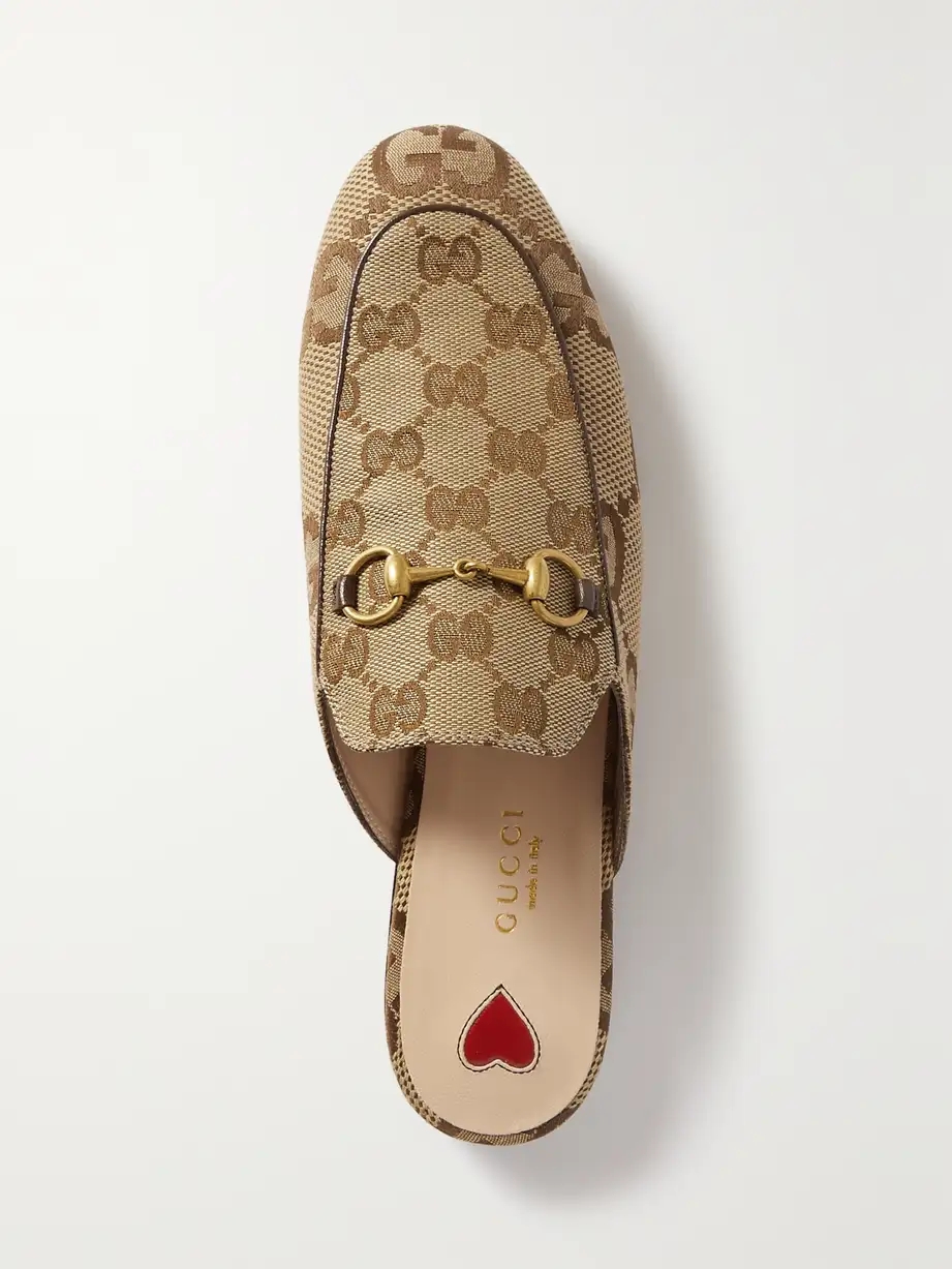 Princetown horsebit-detailed leather-trimmed canvas-jacquard slippers Princetown horsebit-detailed leather-trimmed canvas-jacquard slippers