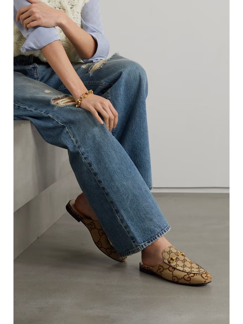 Princetown horsebit-detailed leather-trimmed canvas-jacquard slippers Princetown horsebit-detailed leather-trimmed canvas-jacquard slippers