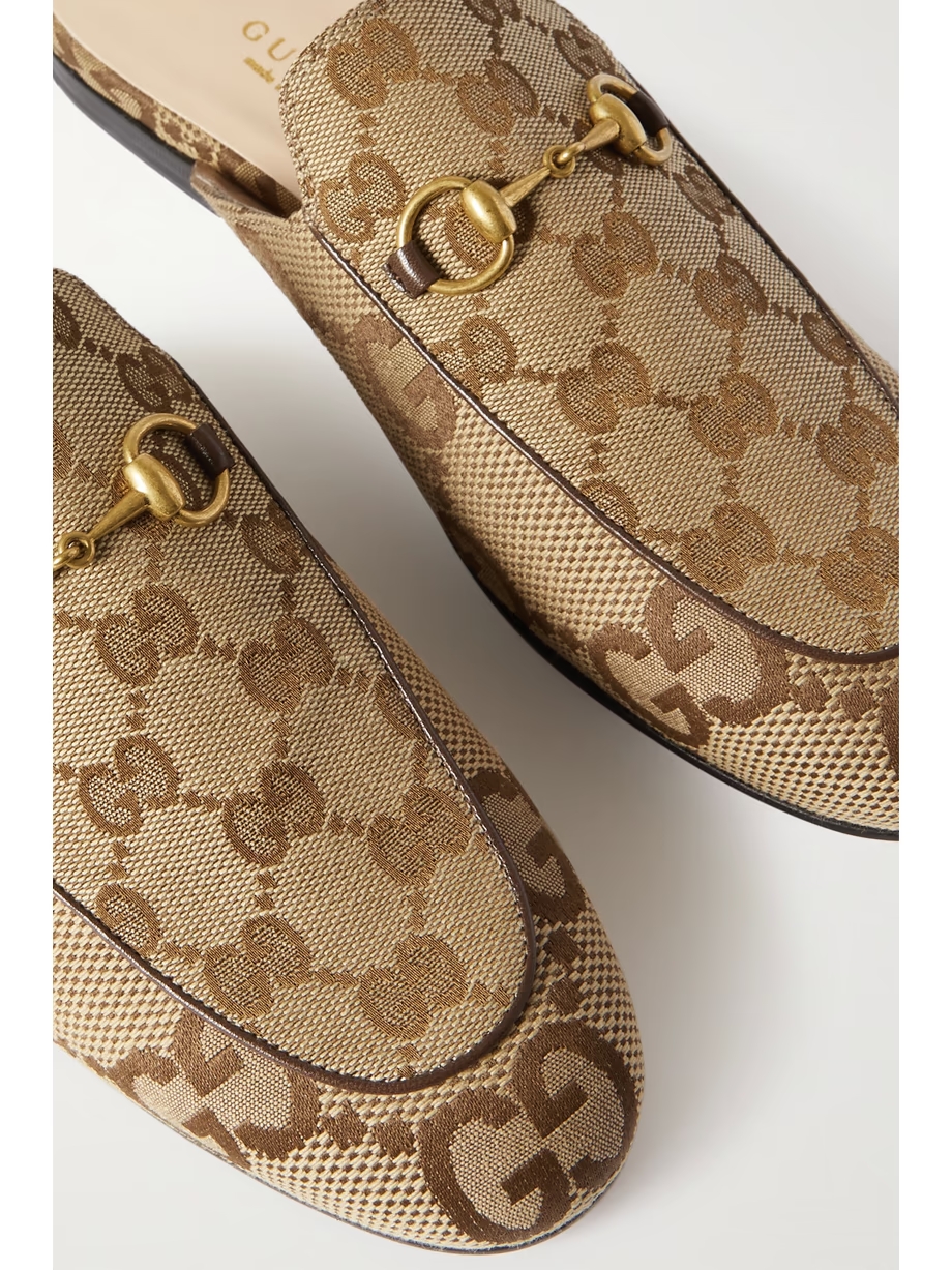 Princetown horsebit-detailed leather-trimmed canvas-jacquard slippers Princetown horsebit-detailed leather-trimmed canvas-jacquard slippers