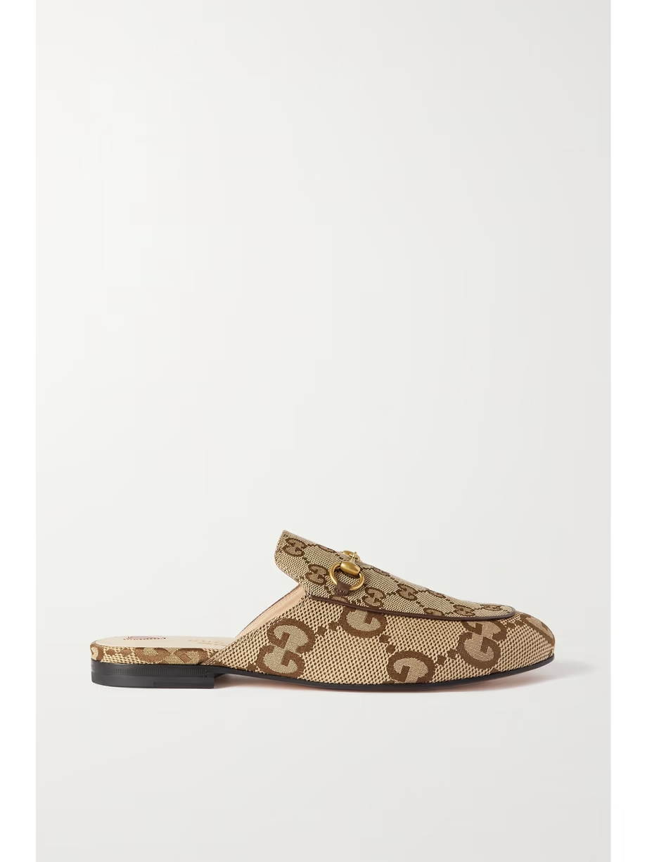 Princetown horsebit-detailed leather-trimmed canvas-jacquard slippers Princetown horsebit-detailed leather-trimmed canvas-jacquard slippers