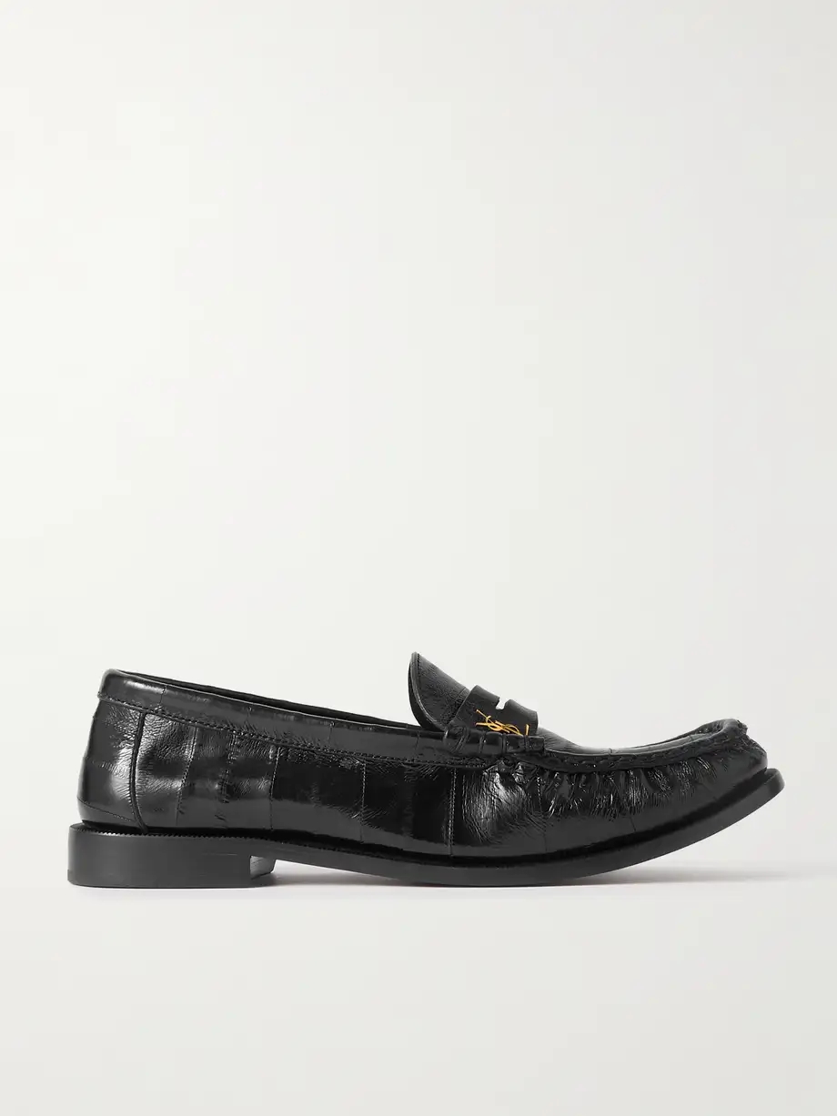Logo-embellished glossed textured-leather penny loafers Logo-embellished glossed textured-leather penny loafers