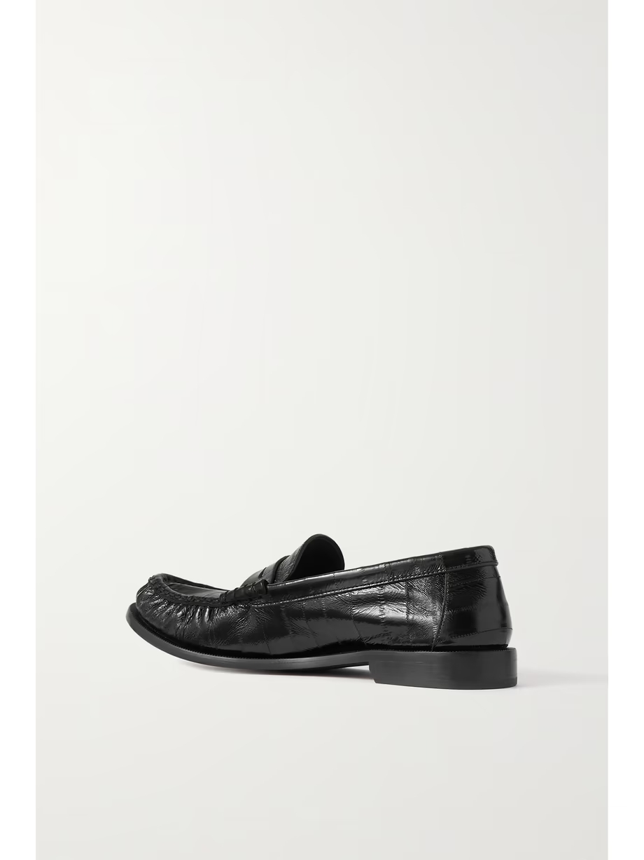 Logo-embellished glossed textured-leather penny loafers Logo-embellished glossed textured-leather penny loafers
