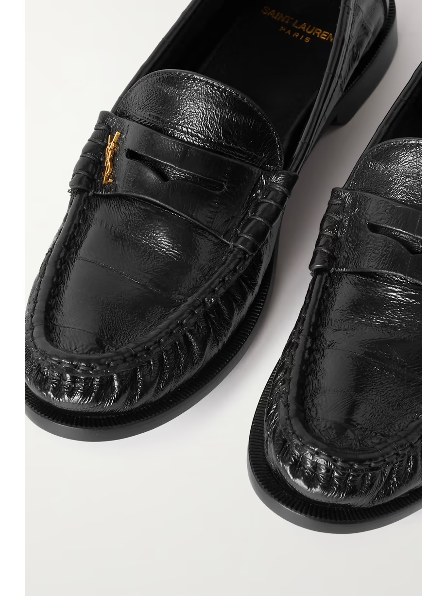 Logo-embellished glossed textured-leather penny loafers Logo-embellished glossed textured-leather penny loafers