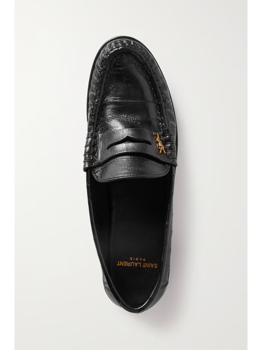 Logo-embellished glossed textured-leather penny loafers Logo-embellished glossed textured-leather penny loafers
