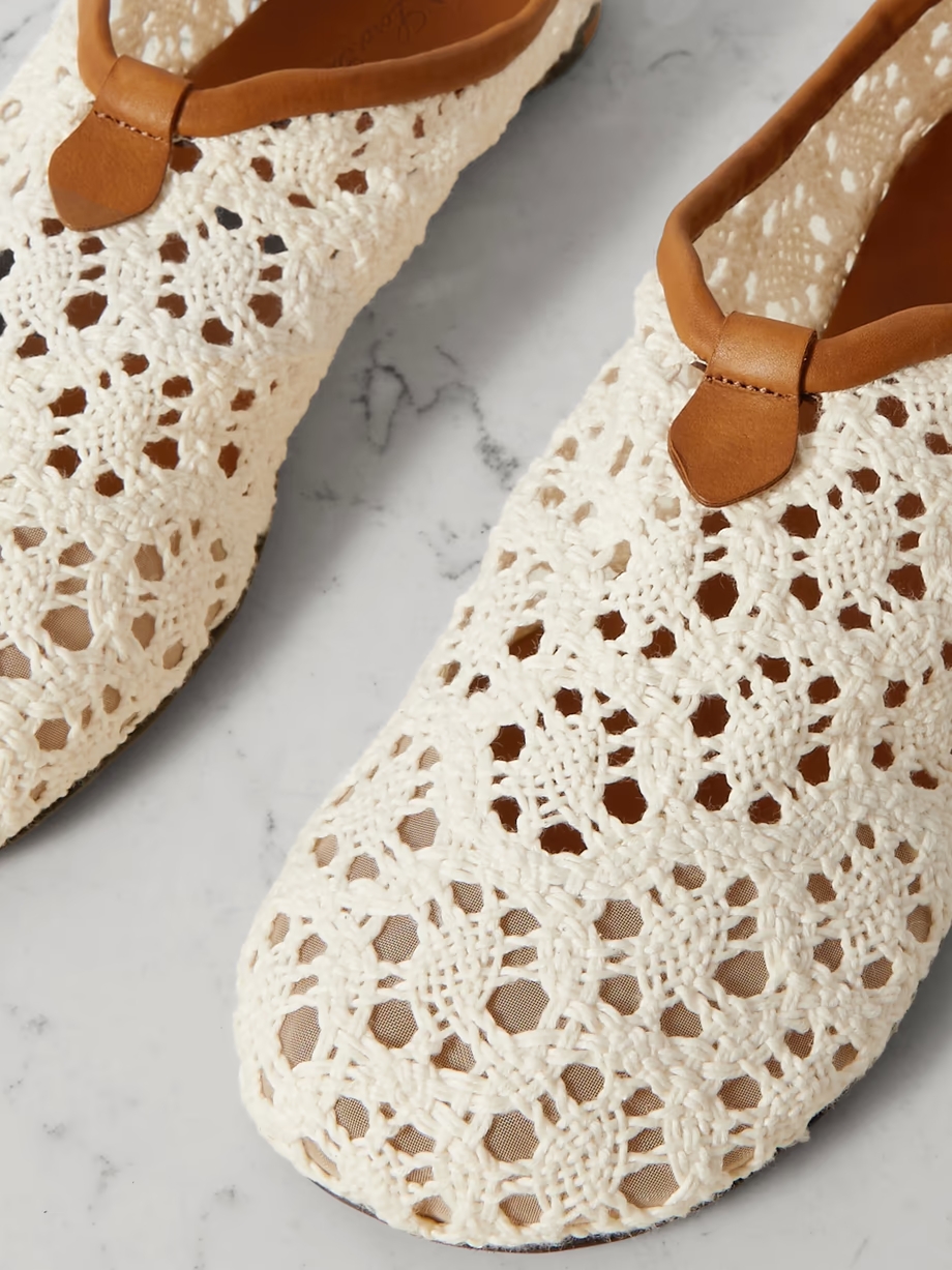 Floaty leather-trimmed macramé lace flats Floaty leather-trimmed macramé lace flats
