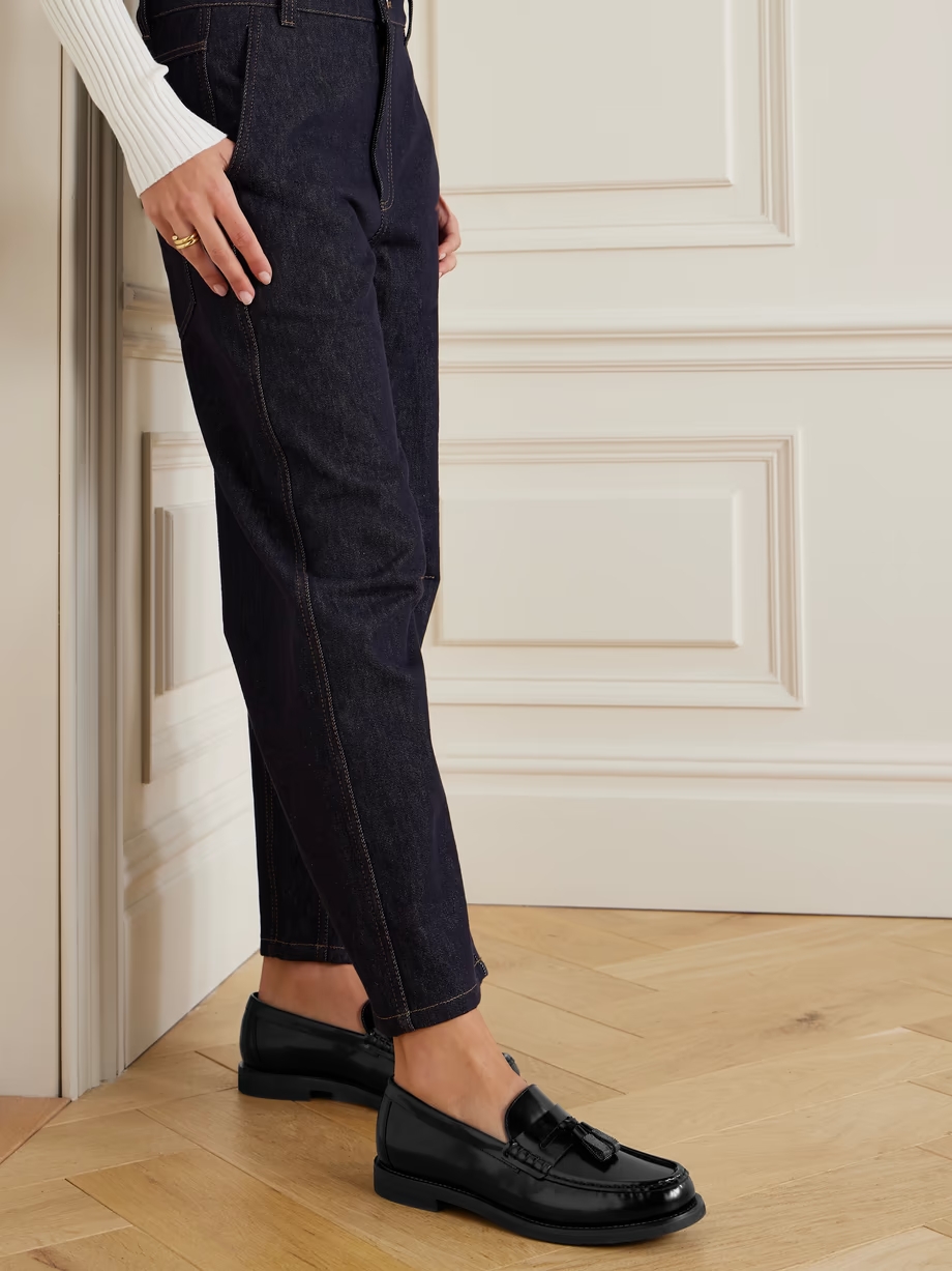 Bead-embellished tasseled glossed-leather loafers Bead-embellished tasseled glossed-leather loafers