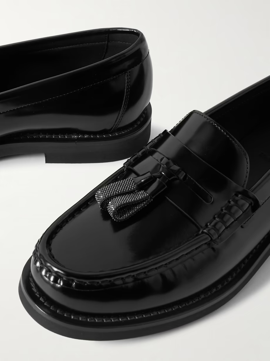 Bead-embellished tasseled glossed-leather loafers Bead-embellished tasseled glossed-leather loafers