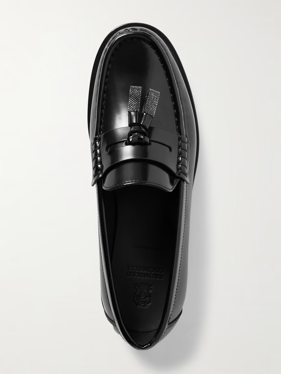 Bead-embellished tasseled glossed-leather loafers Bead-embellished tasseled glossed-leather loafers