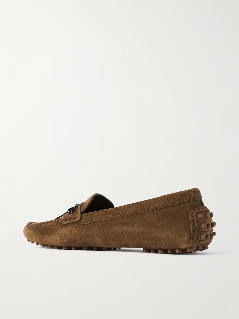 Beaded bow-embellished suede driving shoes Beaded bow-embellished suede driving shoes