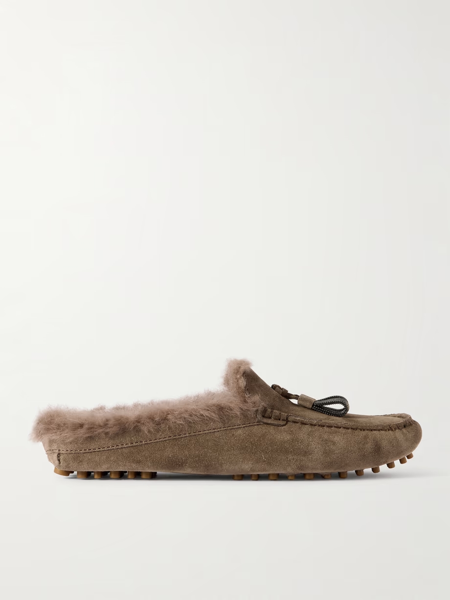 Tasseled shearling-lined suede slippers Tasseled shearling-lined suede slippers