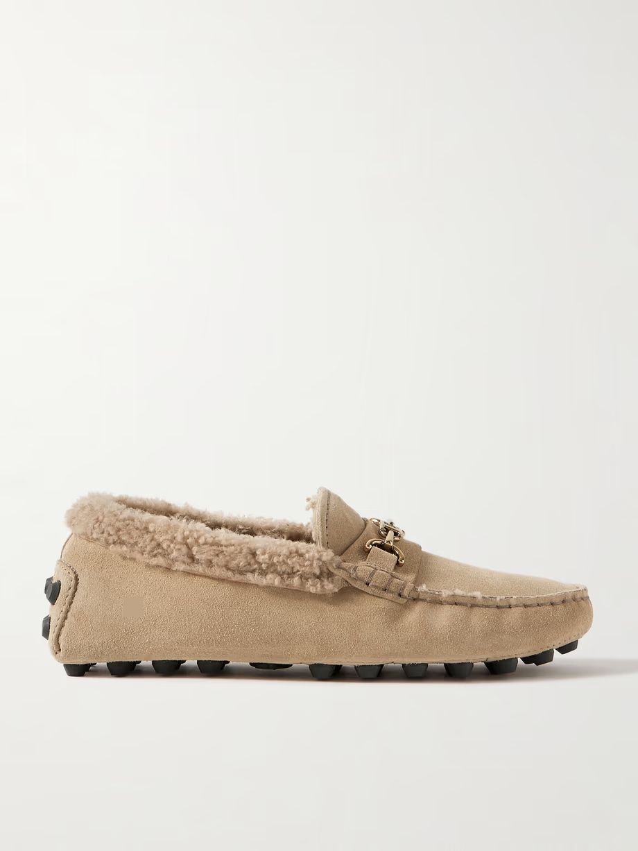 Gommino Macro embellished shearling-trimmed suede loafers Gommino Macro embellished shearling-trimmed suede loafers