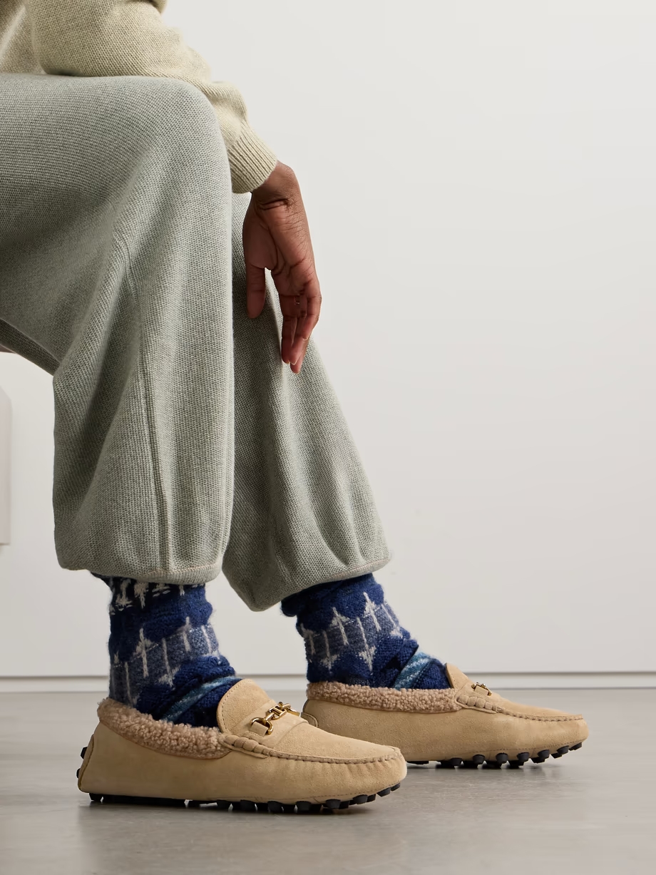 Gommino Macro embellished shearling-trimmed suede loafers Gommino Macro embellished shearling-trimmed suede loafers