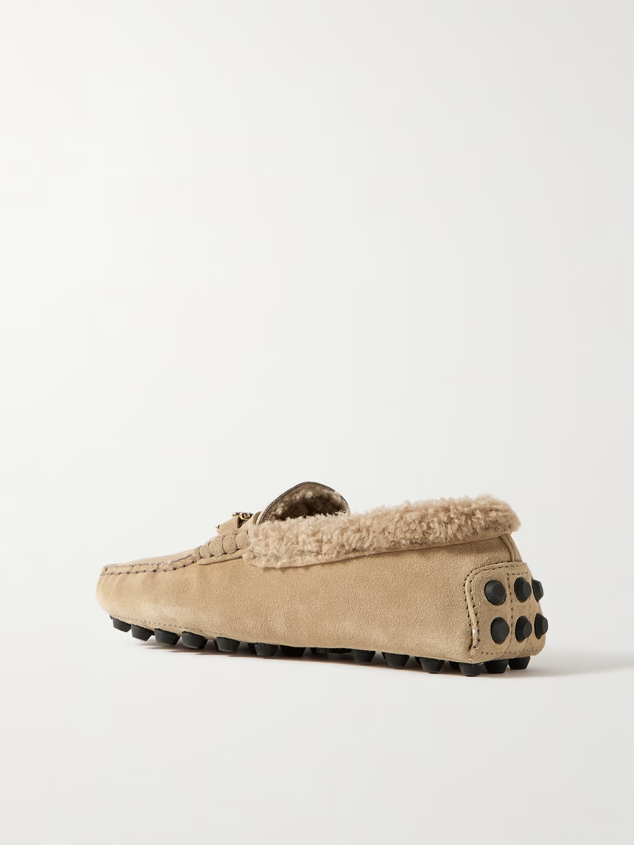 Gommino Macro embellished shearling-trimmed suede loafers Gommino Macro embellished shearling-trimmed suede loafers