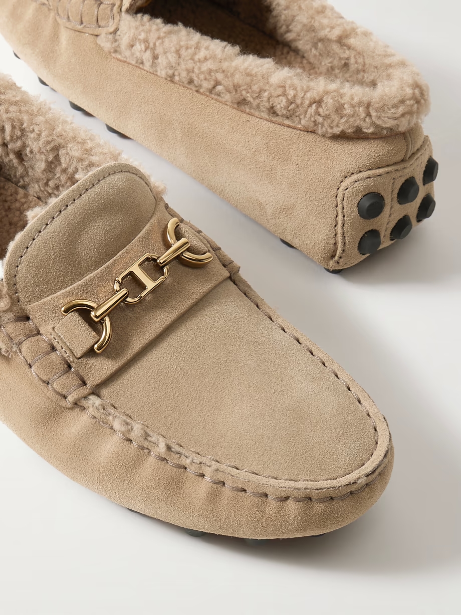 Gommino Macro embellished shearling-trimmed suede loafers Gommino Macro embellished shearling-trimmed suede loafers